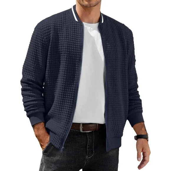 Men's Sweatshirt Bomber Jacket Navy Blue Casual Zip Up Waffle Knit Lightweight